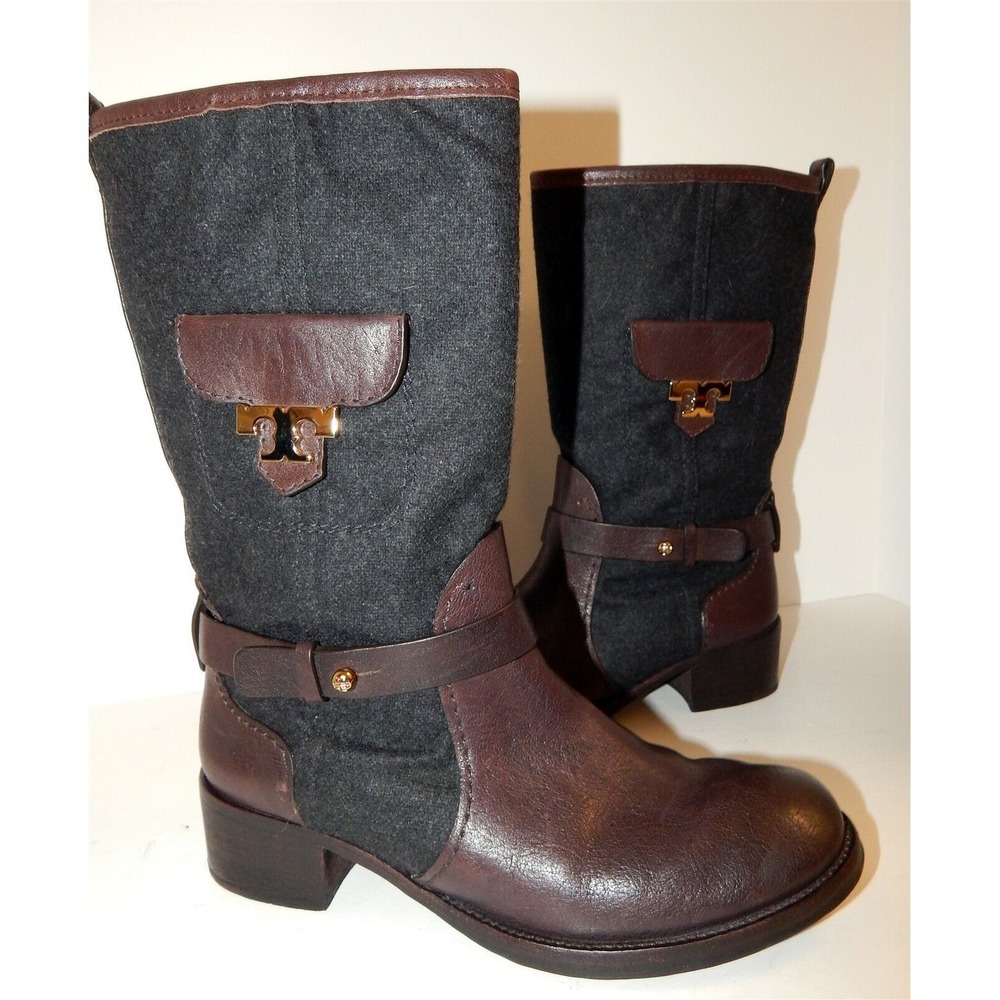 Tory Burch Leona Black Flannel Brown Leather Zip Boots 7M